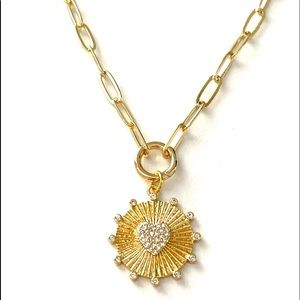 Gold Paperclip Chain Pave CZ Heart Pendant Necklace Charm Holder Medallion Charm